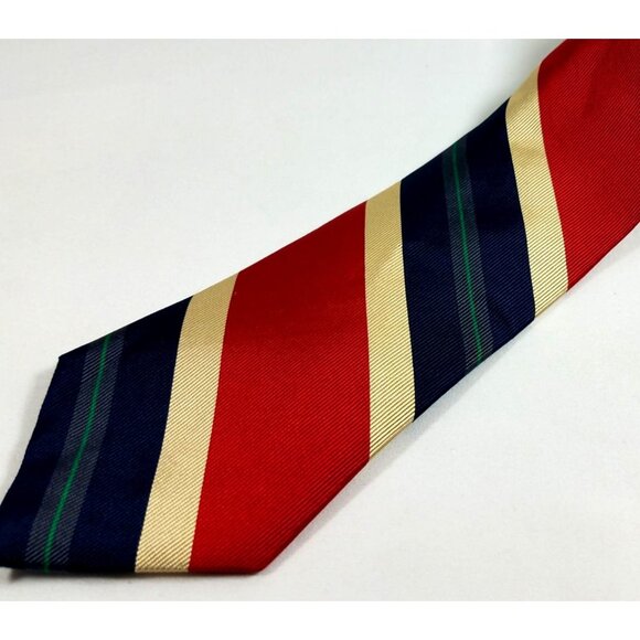 Lands End Mens Silk Tie Navy Red Gold Diagonal Striped - Picture 1 of 4